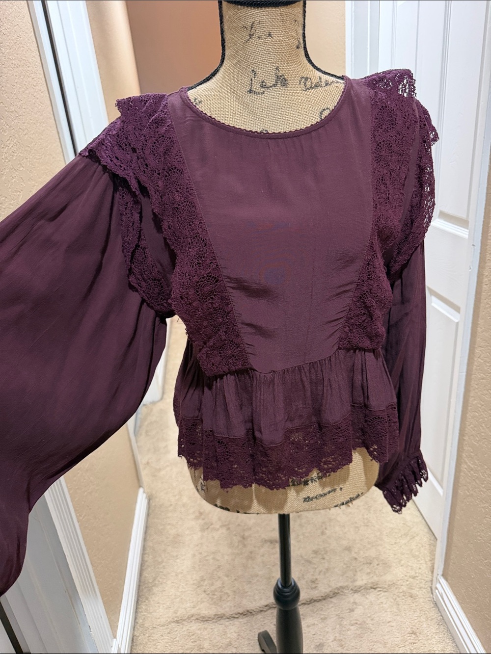 Free People Deep Plum Lace Peasant Top